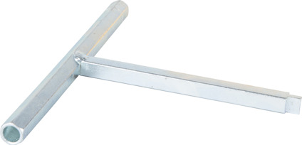 T-format, metalliskt universaldon med rörformad och platt del, vilar på en ljus bakgrund.