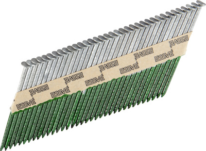 Sammankopplade spikar i en rad med märket "ESSVE" på papperet som binder ihop dem.