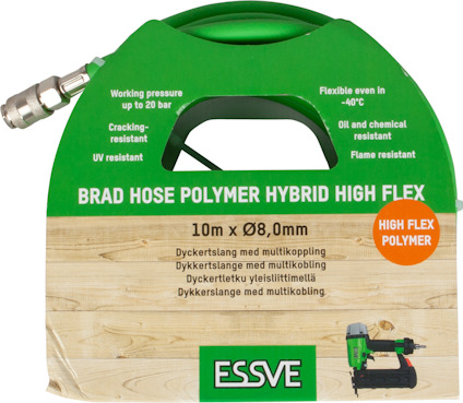 Essve slangpaket med grön slang, silverkoppling och etikett med texten "Brad Hose Polymer Hybrid High Flex 10m x Ø8,0mm".