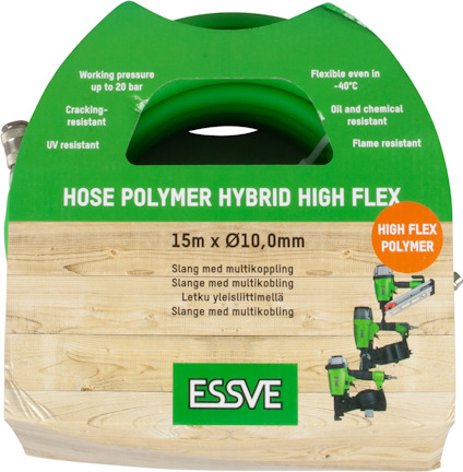 Förpackning med text "Hose Polymer Hybrid High Flex 15m x Ø10,0mm" och bilder på verktyg samt ESSVE-logotyp.