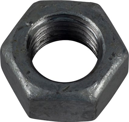 Sexkantig metallmutter med invändig gänga, brungrå yta.