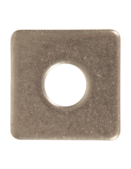Metallisk fyrkantsbricka med rund hål i mitten och slät yta.