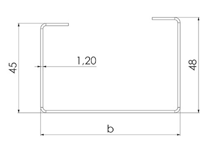 Ritning av en metallprofil med mått: höjd 45 mm och 48 mm, tjocklek 1,20 mm, bredd markerad som b.
