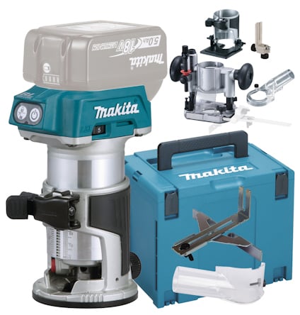 Makita multifräs DRT50ZJX5 med flera tillbehör, inklusive bärkoffert och frässtål, på en vit bakgrund.