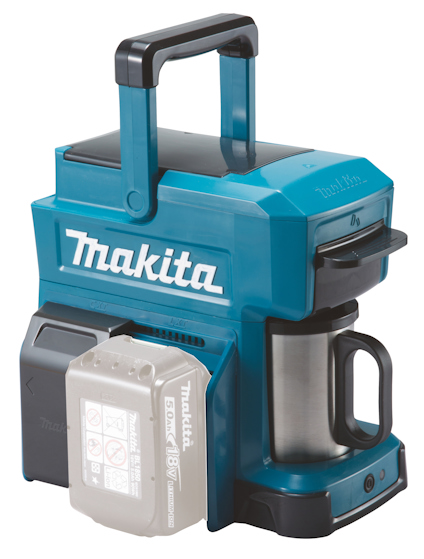 Bärbar kaffebryggare med batterifack och kanna, märkt "Makita".