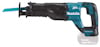Batteridriven tigersåg med svart och turkos kropp samt blått sågblad. Märket "Makita" är tryckt på sidan.
