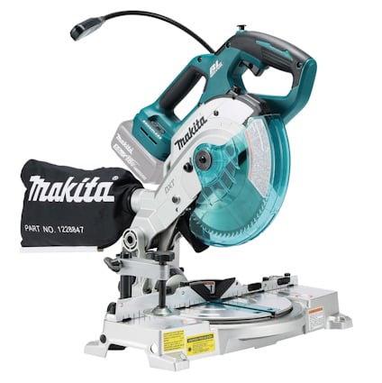 Batteridriven kap- och geringssåg med bladdesign i metall och handtag i blått och svart. Märkt "Makita".