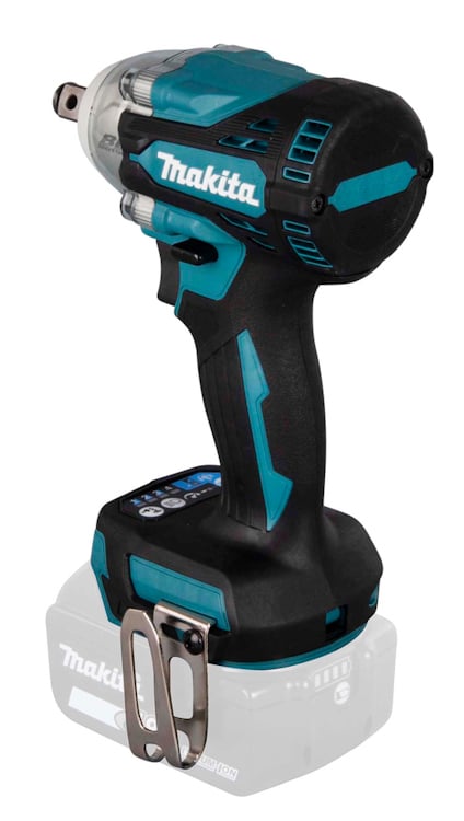 Sladdlös mutterdragare i svart och turkos med metallklämma och batterifäste. Märke: Makita.