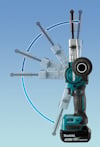 Borrmaskin med justerbar vinkling och batterifodral märkt "Makita 18V 5.0Ah", visad med pivoterande arm i flera positioner.