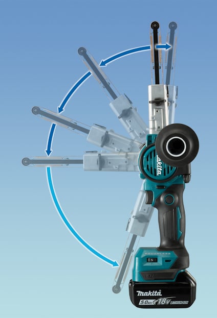 Borrmaskin med justerbar vinkling och batterifodral märkt "Makita 18V 5.0Ah", visad med pivoterande arm i flera positioner.