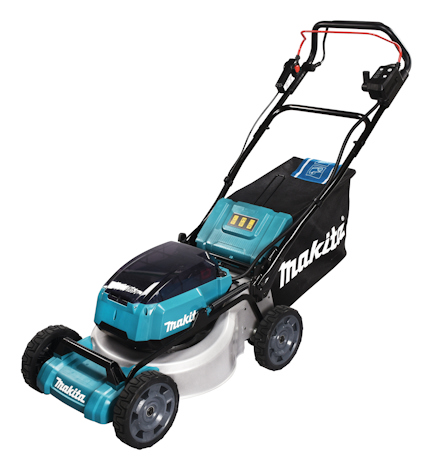 Gräsklippare i blått och svart med hjul, handtag och gräsuppsamlare i tyg märkt "Makita".