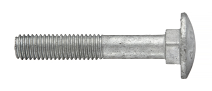 Vagnsbult i metall med rundat huvud och gängad ände, fotograferad från sidan.