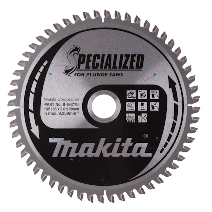Cirkulär sågklinga med texten "Makita" och "Specialized for Plunge Saws" samt produktnummer och specifikationer.