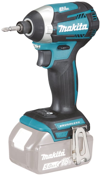 Makita skruvdragare med borstlös motor och 18V batteri som visas på en vit bakgrund.