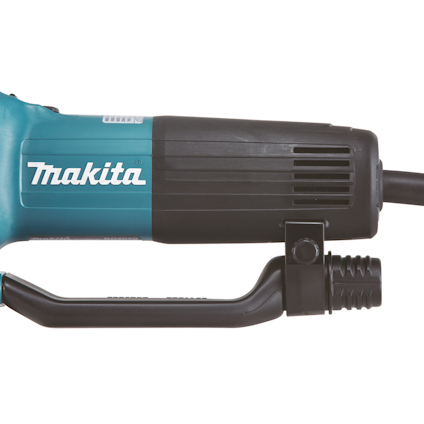 Elektrisk excenterslipmaskin, svart och turkos, med märket "Makita" tryckt på sidan.