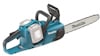 Makita batteridriven kedjesåg i blått och svart med vit svärd och två batterifack.