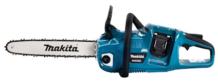 En batteridriven kedjesåg i turkos färg med texten "Makita" på svärdet.