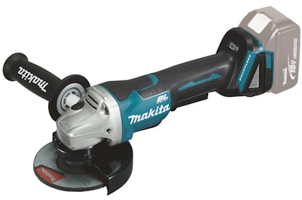 Vinkelslip av märket Makita med handtag och batteri, svart och turkos färg, liggande på en vit bakgrund.