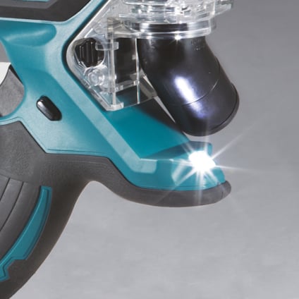 Handhållen gipssåg i blått och svart med en lysande LED-lampa framtill.