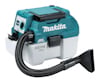 Bärbar dammsugare i blått med texten "Makita". Har en flexibel slang och HEPA-filter.