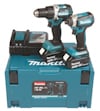 Två Makita sladdlösa borrmaskiner med batteripaket ovanpå en blå verktygslåda med texten "Makita".