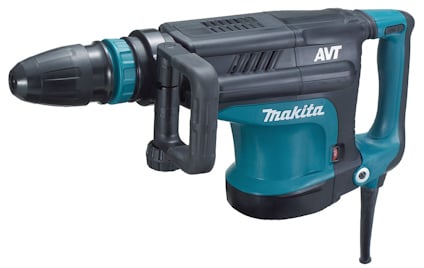 Blå och svart bilningshammare med handtag, märkt med "Makita" och "AVT".