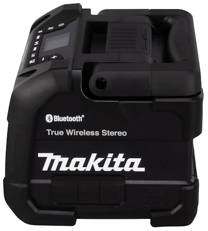 En bärbar svart Makita Bluetooth-högtalare med texten "True Wireless Stereo".