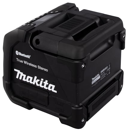 Svart Makita bärbar högtalare, märkt med Bluetooth och modellnummer DMR203.