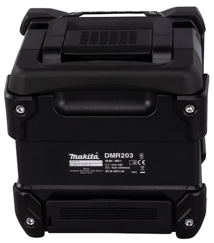 Svart, robust bärbar högtalare med handtag. Märkt "Makita DMR203" med specifikationer nedanför.