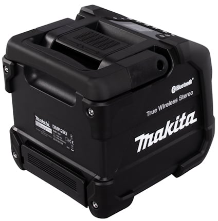 Makita DMR203 trådlös stereo med Bluetooth och handtag, svart design.