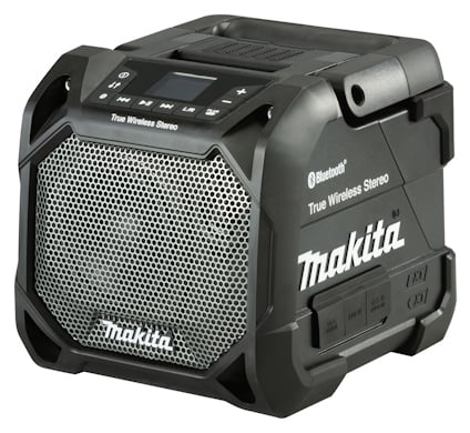 Bärbar svart Makita trådlös stereo med Bluetooth och kontrollknappar på ovansidan.