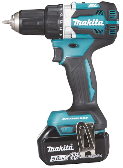 Sladdlös borrmaskin av märket Makita, med borstlös motor och 18V litiumjonbatteri.