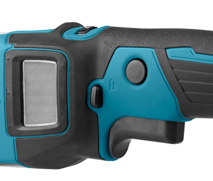 Blå och svart handhållen polermaskin med knappar och låssymbol.