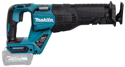 Batteridriven tigersåg från Makita med blått och svart handtag, batterifack markerat "40V max".