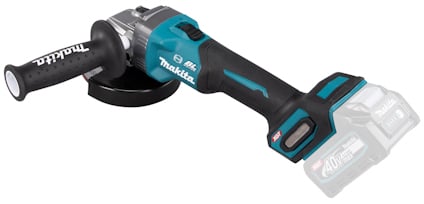 Sladdlös vinkelslip med blå och svart design, sidogrepp och batterifäste.