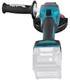 Handhållen vinkelslipmaskin med blå och svart kropp, märkt "Makita", med ett grepphandtag och synlig batteriplats.