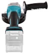 Handhållen blå och svart Makita vinkelslip med batteri och sidohandtag.