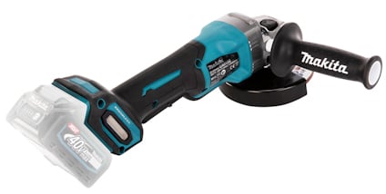 Vinkelslip med blå och svart hölje, handtag och synligt batterifack, märkt "Makita".