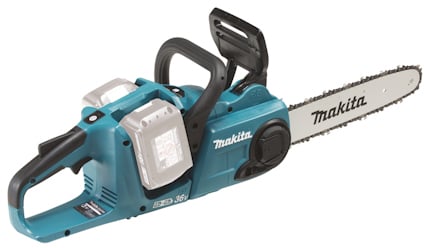 Blå kedjesåg av märket Makita med två batterifack och svart handtag.