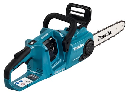Blå Makita motorsåg med svarta handtag och sågkedja. Text: Makita.