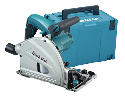Sänksåg med blått handtag och förvaringsväska märkt "Makita".