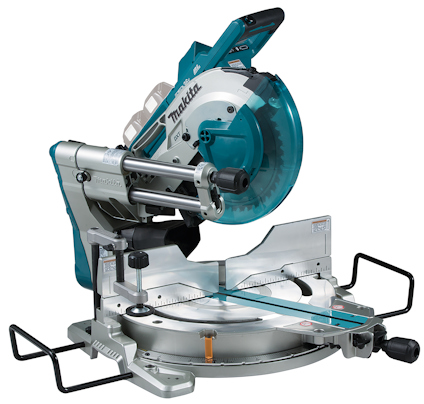 En kapsåg med skärblad, blå och silver detaljer, och ett stöd för justering av skärvinkel.