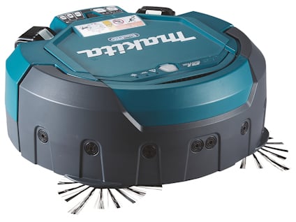 Robotdammsugare i två nyanser av blått med borstar och Makita-logotyp på ovansidan.