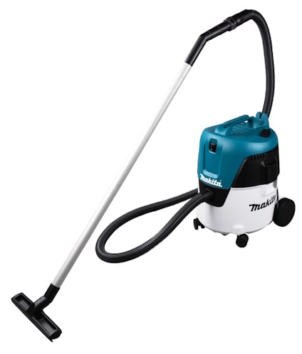 Dammsugare med blått och vitt hölje, svart slang och hjul. Märkt "Makita" på sidan.