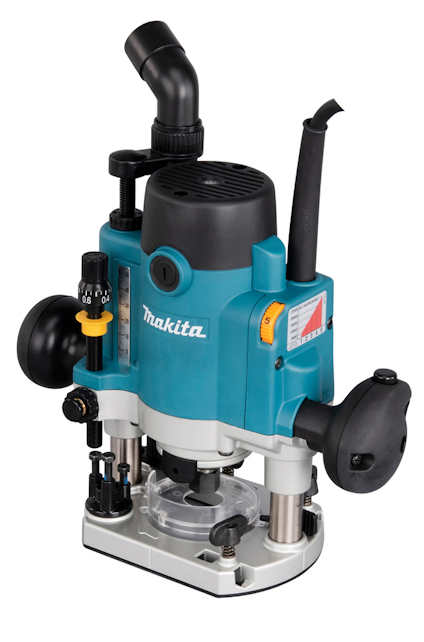 Blå och svart handöverfräs från Makita med olika reglage och handtag på en vit bakgrund.