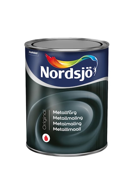 Plåtburk med svart metallfärg från Nordsjö, etikett med regnbågsmönster och text på flera språk.