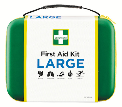 Grönt första hjälpen-kit med svart handtag, etikett med texten "First Aid Kit LARGE" och ikoner för olika skadetyp.