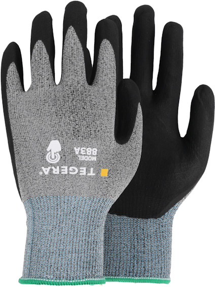 Arbetshandskar med grå ovansida och svarta handflator, märkta med "TEGERA 883A".