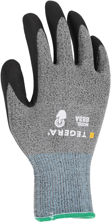 Grå arbetshandske med svart greppyta, märkt "TEGERA" och "MODEL 8834".