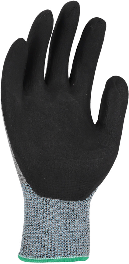 Arbetshandske med svart grepp, grå och turkos mudd.